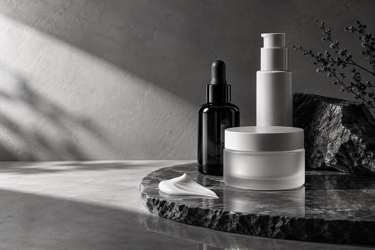 Composición conceptual de envases de belleza sin marca.